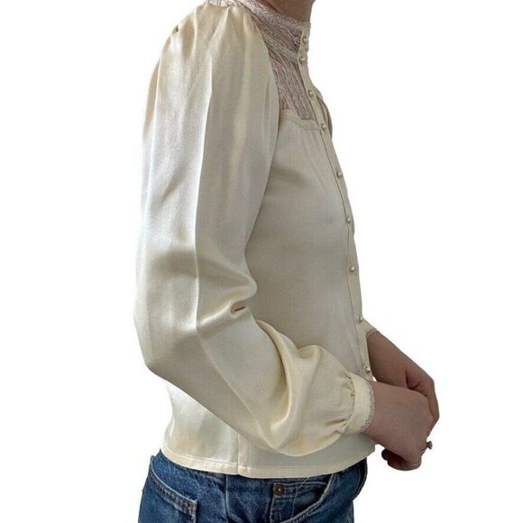 Vintage 1970s Gunne Sax Ivory Cream Satin Romantic Cottagecore Blouse Sz S - Picture 4 of 10